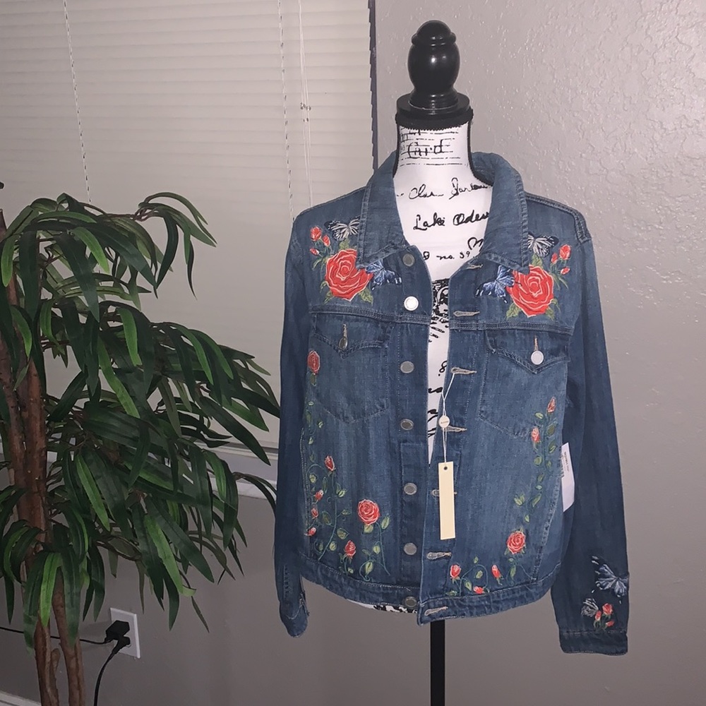 Blank NYC Rose Butterfly Embroidered Denim Jacket